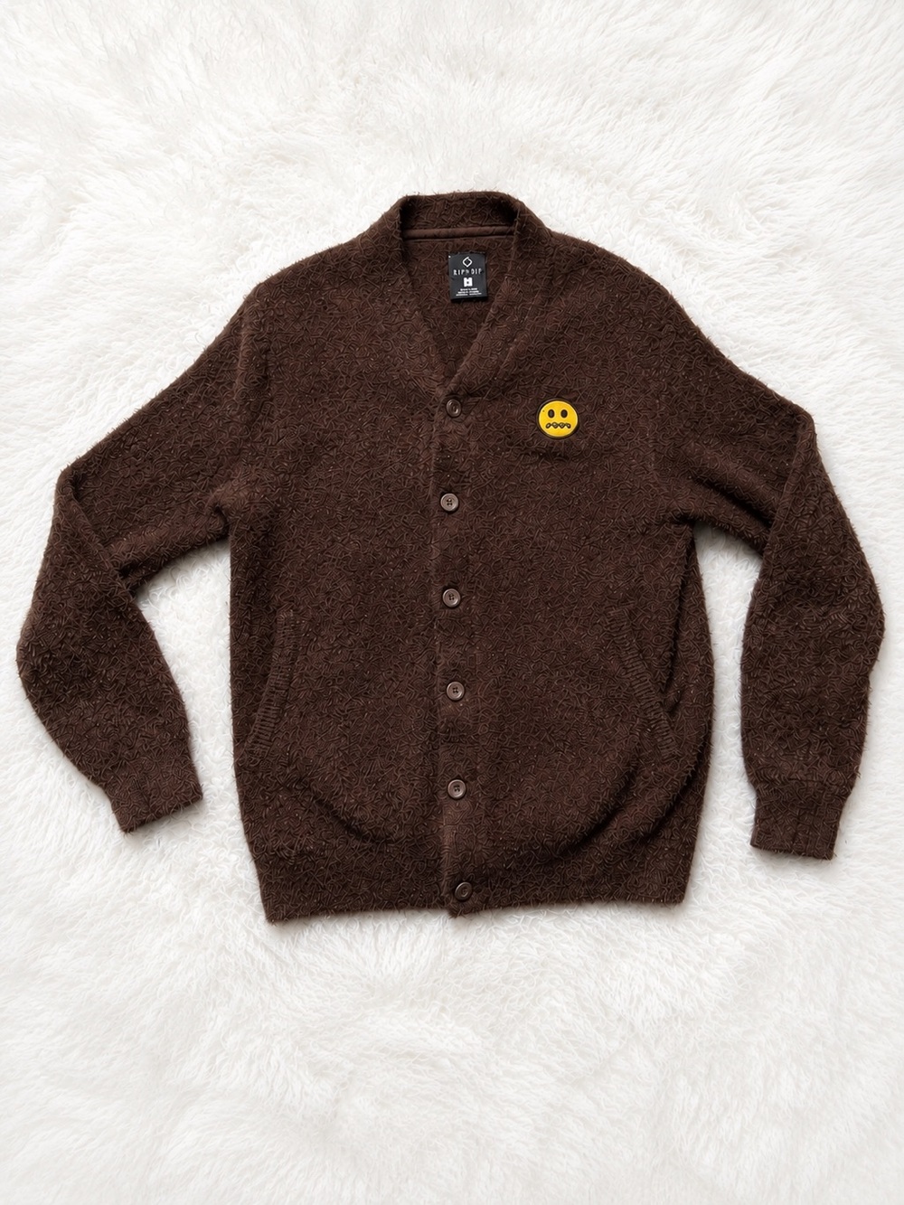 Empyre Fuzzy Brown Smiley Cardigan Sweater Men’s Small